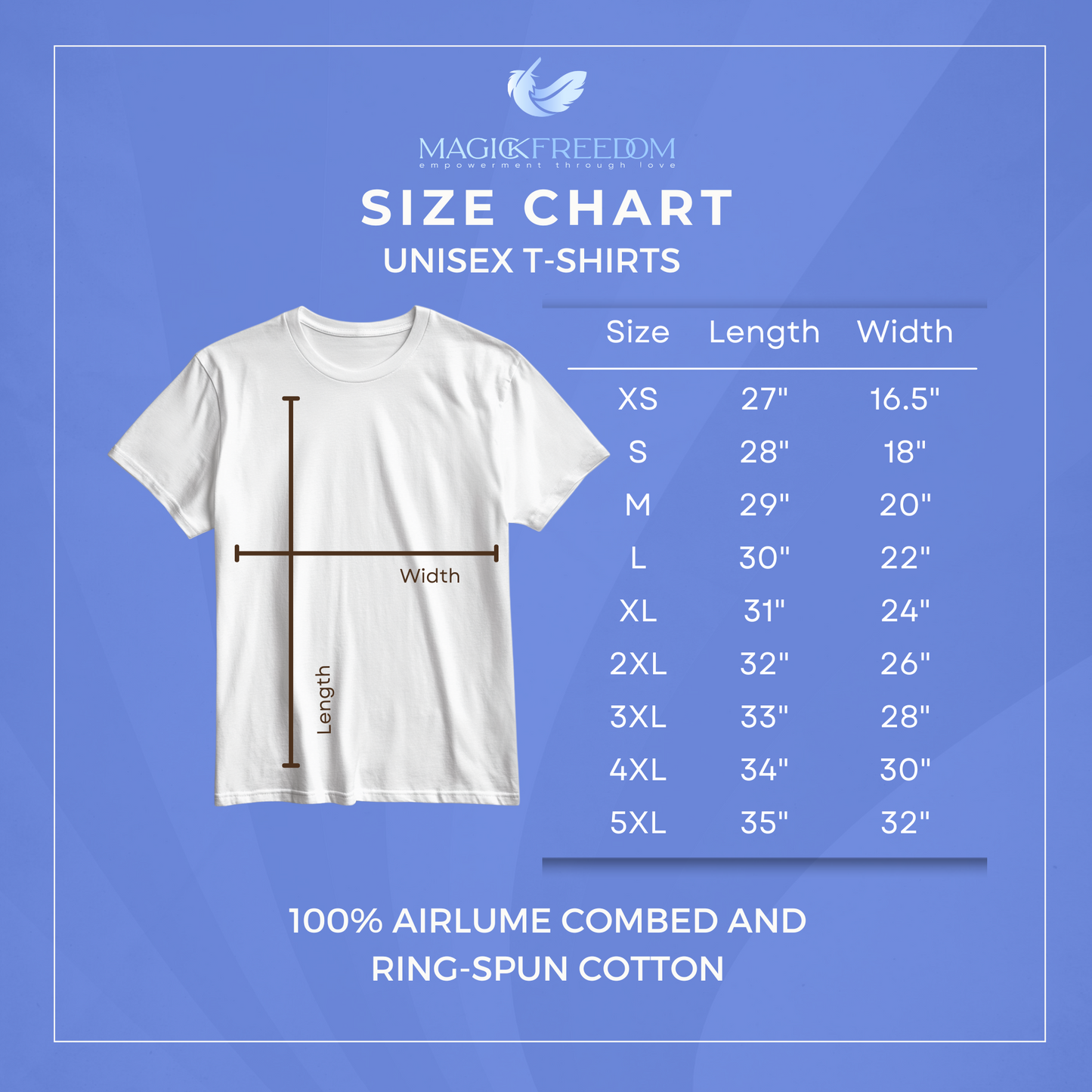 Size Chart. 100% airlume combed and ring-spun cotton.
Sizes in inches,  Length x Width:
XS 27 x 16
S 28 x 18
M 29 x 20
L 30 x 22
XL 31 x 24
2XL 32 x 26
3XL 33 x 28
4XL 34 x 30
5XL 35 x 32