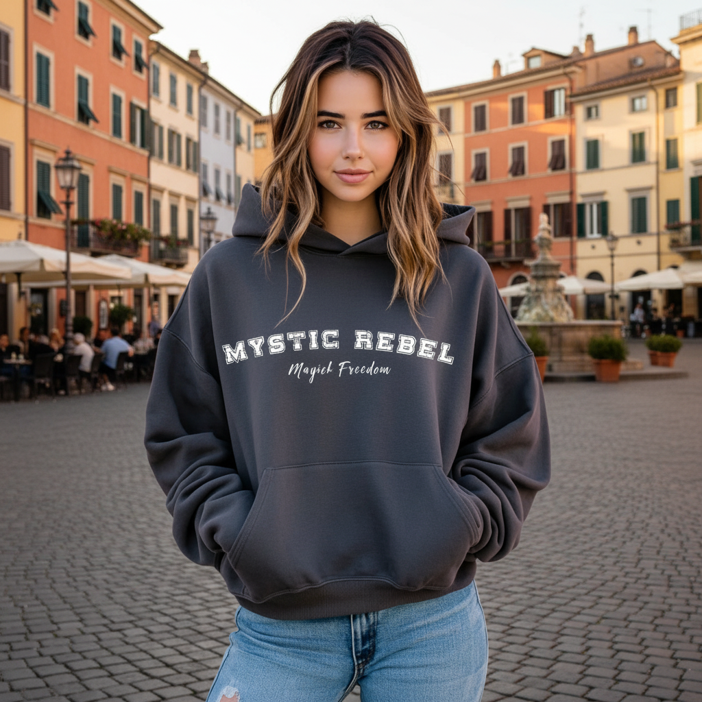Model wearing a hoodie that reads Mystic Rebel in university font, arched across the chest with Magick Freedom in scripted font below.
Unleash your wild, untamed spirit!

