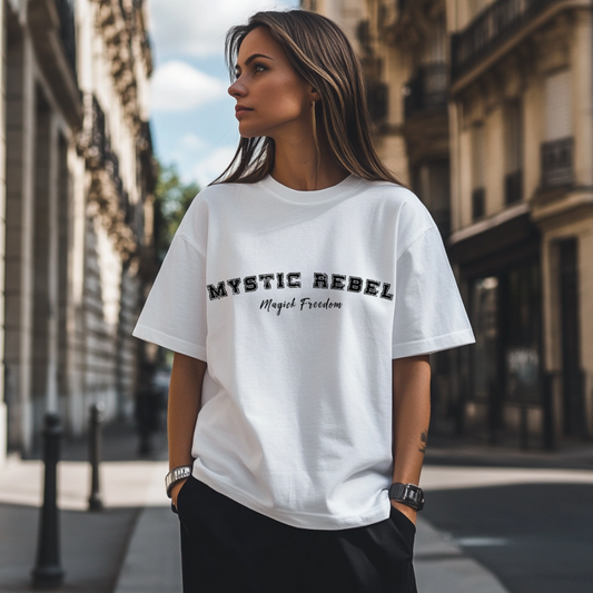 Model wearing a crew neck t-shirt that reads Mystic Rebel in university font, arched across the chest with Magick Freedom in scripted font below.
Unleash your wild, untamed spirit!
