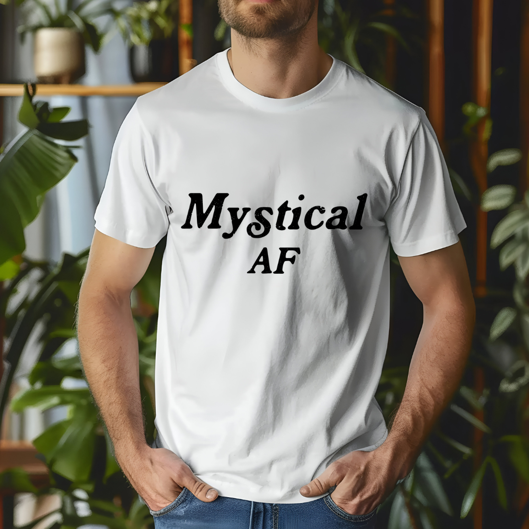 Model wearing a crew neck t-shirt with Mystical AF printed in block letters and centered on the chest.
Wear it, own it, live it.
