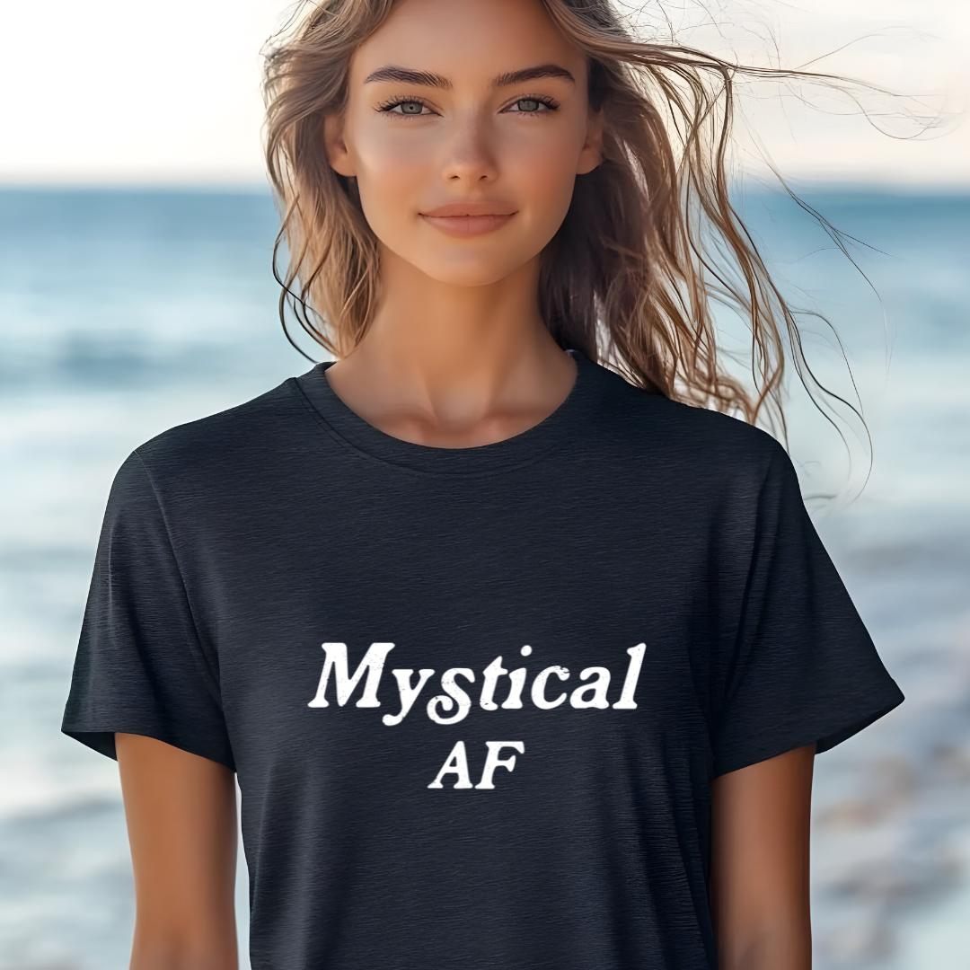 Model wearing a crew neck t-shirt with Mystical AF printed in block letters and centered on the chest.
Wear it, own it, live it.