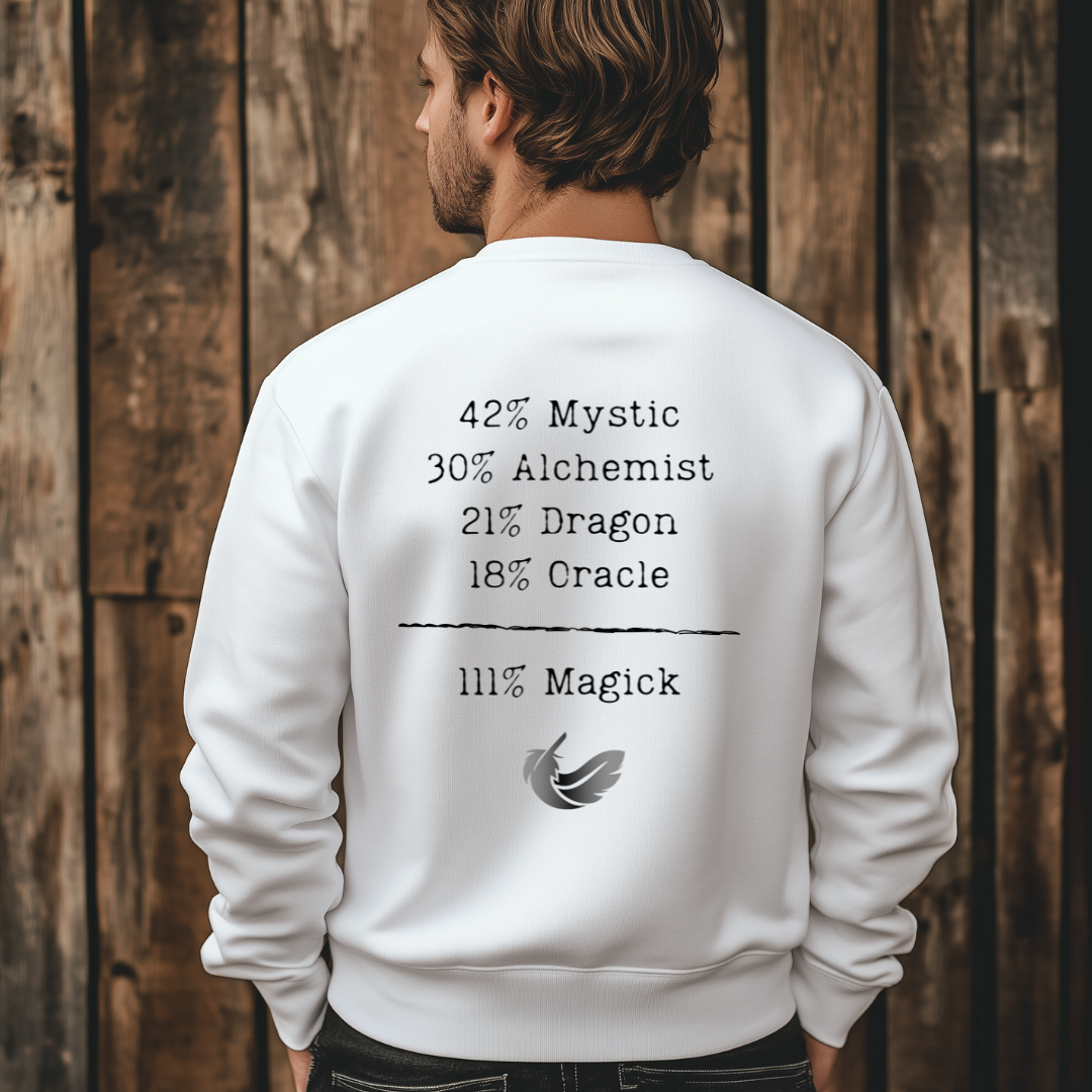 Model wearing a crew neck, 111% Magick  sweatshirt . On the front left chest area is the Magick Freedom feather logo. 
The back of the shirt displays a breakdown of mystical archetypes, listing "42% Mystic, 30% Alchemist, 21% Dragon, 18% Oracle," followed by a line and the phrase "111% Magick".