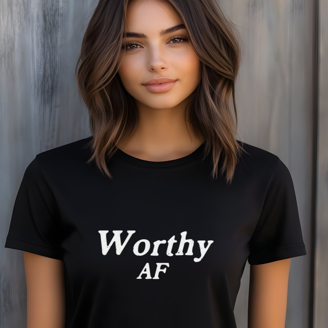 Model wearing a crew neck t-shirt with Worthy AF printed in block letters and centered on the chest.
Wear it, own it, live it.
