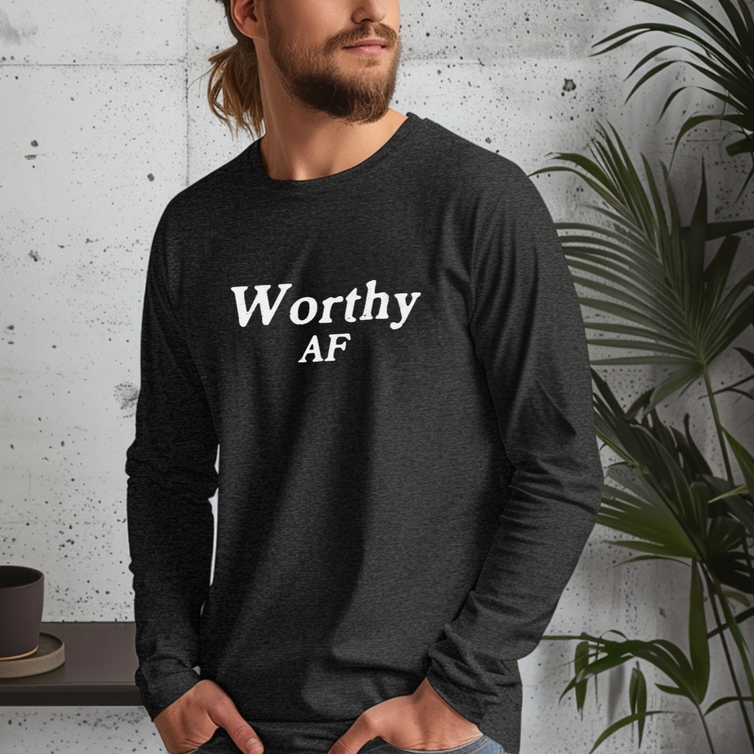 Model wearing a crew neck, long sleeve T-shirt with Worthy AF printed in block letters and centered on the chest.
Wear it, own it, live it.