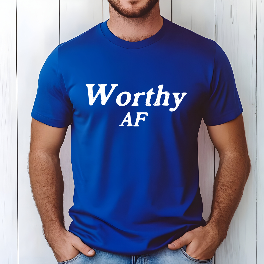 Model wearing a crew neck t-shirt with Worthy AF printed in block letters and centered on the chest.
Wear it, own it, live it.