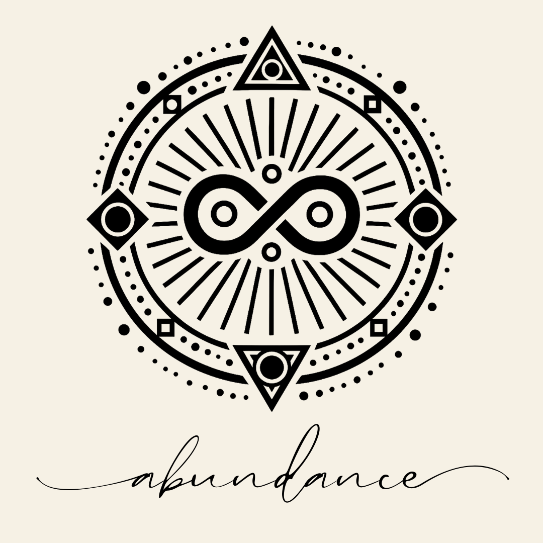 Close up on the main label image of Abundance sigil symbol with corresponding script underneath on neutral background
