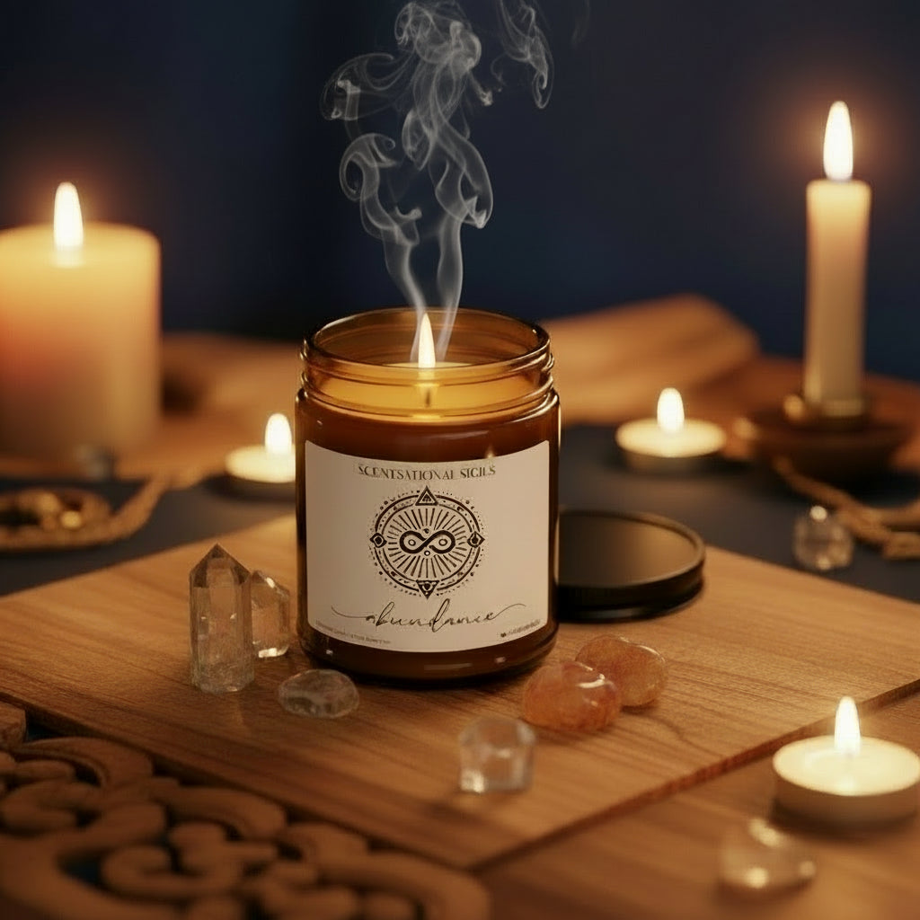 Amber glass intention candle featuring the Abundance sigil symbol with ‘abundance’ written in script underneath, displayed on an altar with sacred items