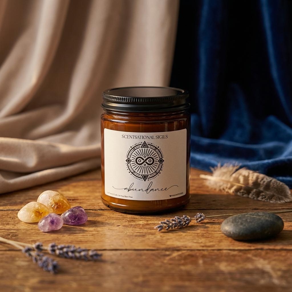 Amber glass intention candle featuring the Abundance sigil symbol with ‘abundance’ written in script underneath, displayed on an altar with sacred items