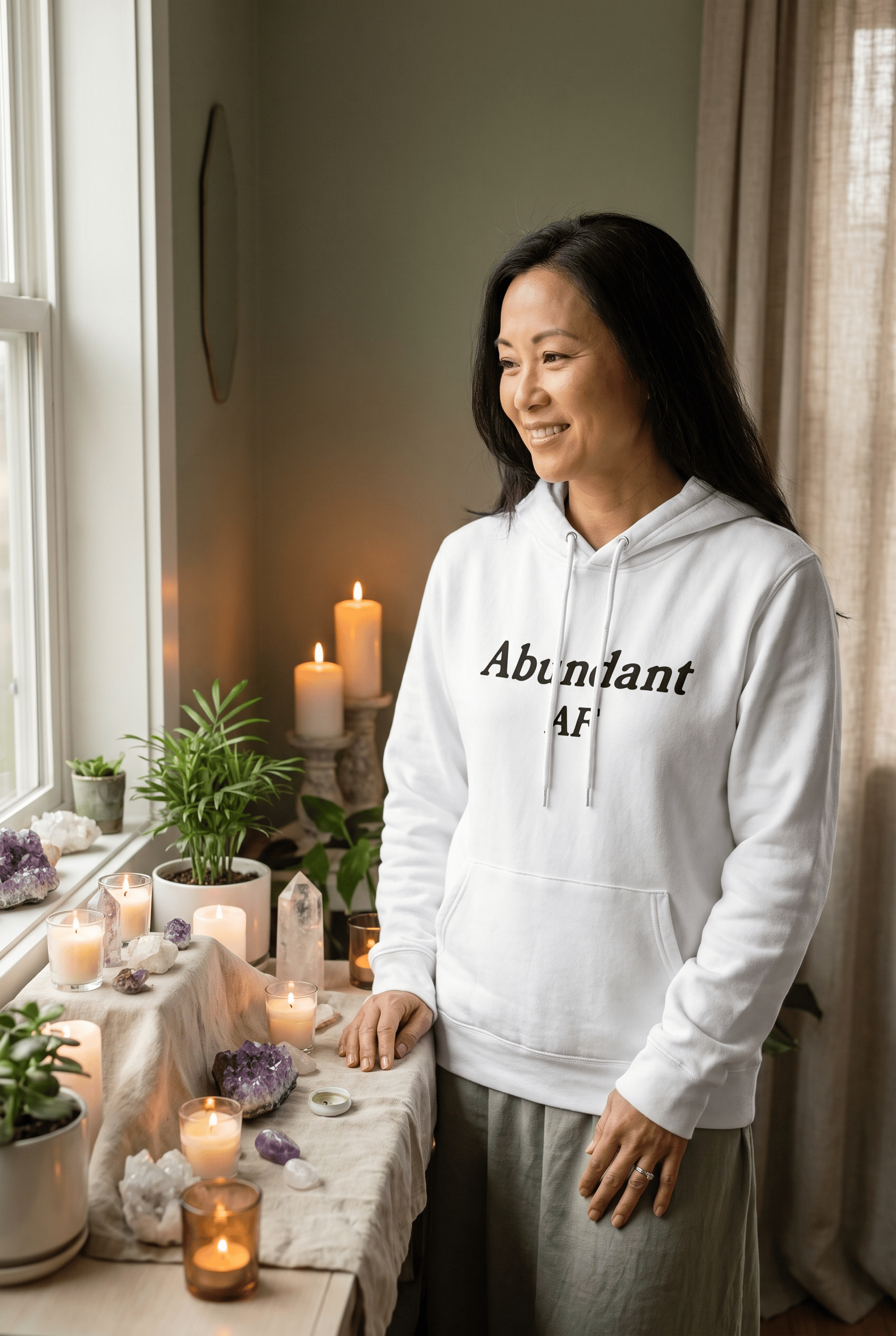 A woman in her mid-40s of Asian descent stands near a softly lit home altar filled with candles, crystals, and greenery while wearing a white Abundant AF hoodie. The peaceful ritual space reflects mindful abundance.