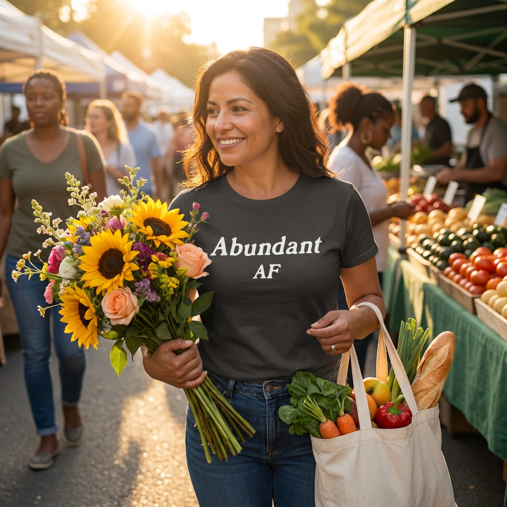 A woman in her early 40s of Latina descent walks through a vibrant farmer’s market wearing a black “Abundant AF” t-shirt. Golden sunlight illuminates the scene as she smiles confidently, embodying prosperity, gratitude, and joyful presence.