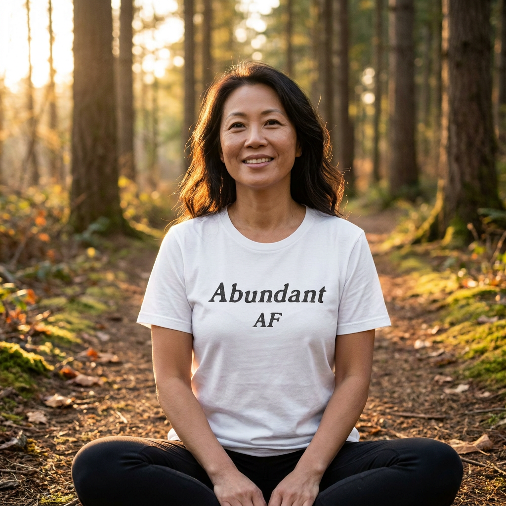 A woman sits cross-legged in a sunlit forest clearing wearing a white graphic T-shirt with the words 'Abundant AF' printed in black across the chest.