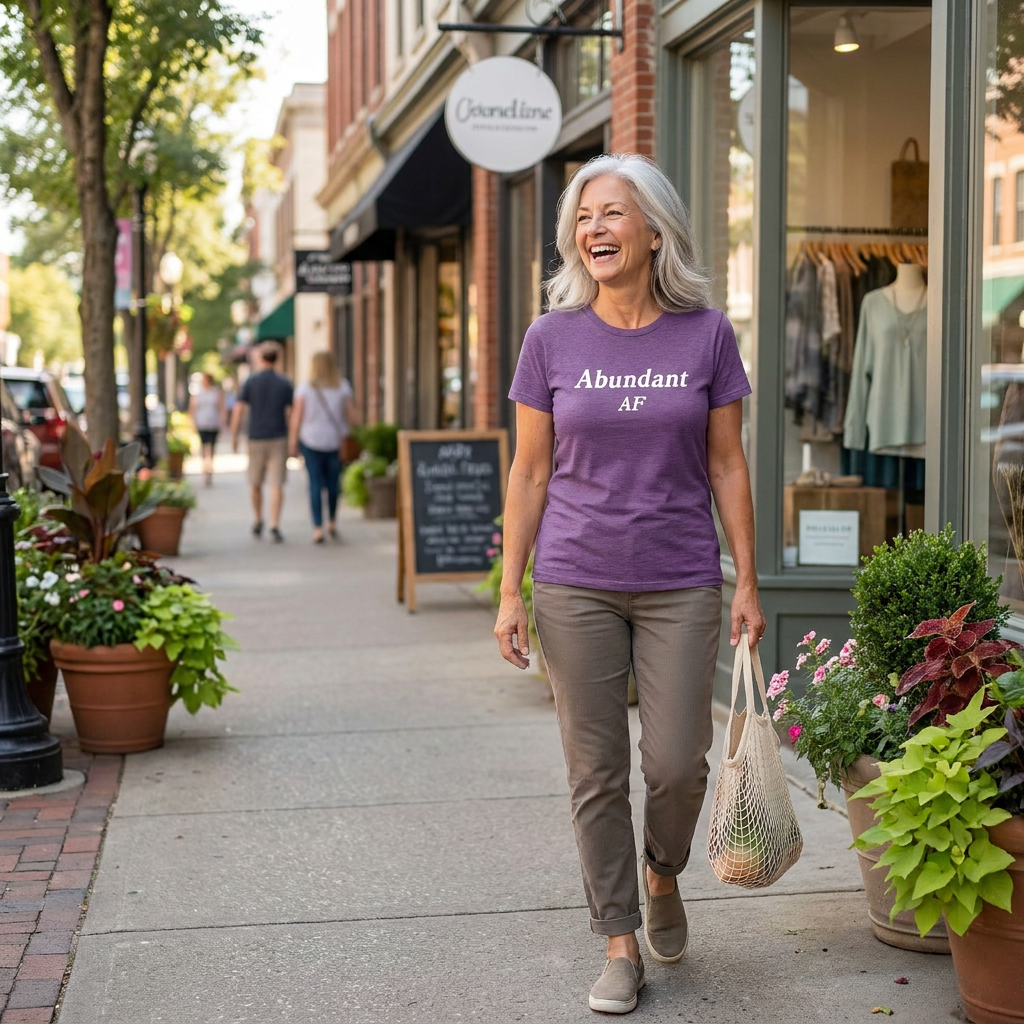 A smiling older woman walks down a city sidewalk wearing a purple graphic T-shirt that reads 'Abundant AF' in white text, paired with taupe pants and carrying a woven tote bag. Storefronts, trees, and potted plants line the street in the background.