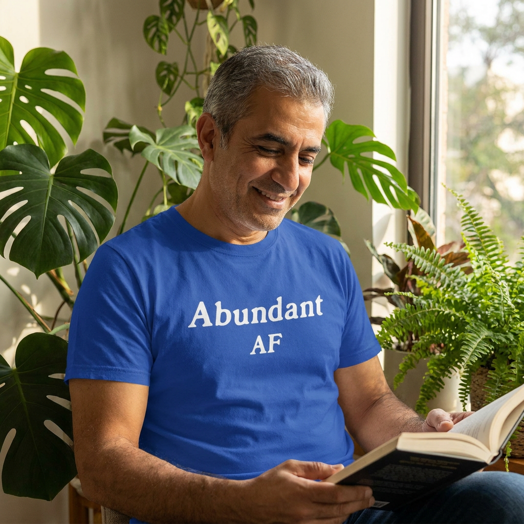 A man wearing a bright blue t-shirt with the white text 'Abundant AF' is sitting indoors and reading a book, surrounded by green houseplants near a window.