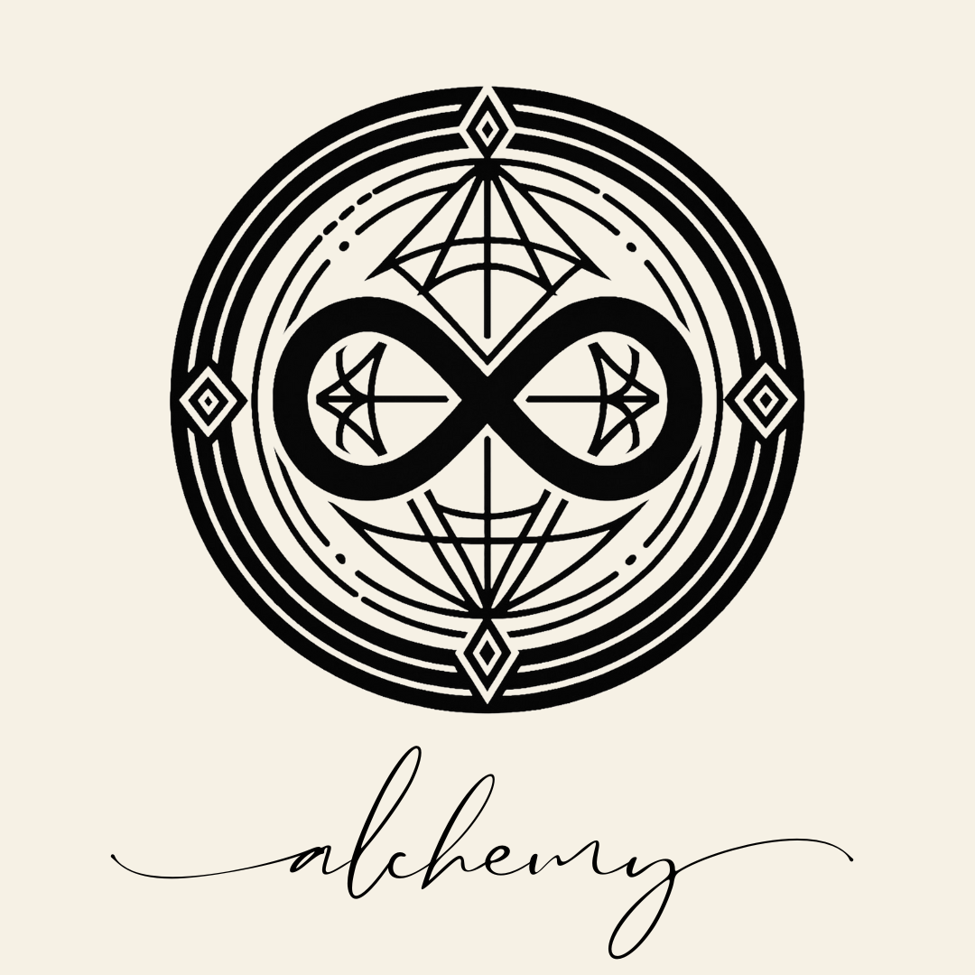 Close up on the main label image of Alchemy sigil symbol with corresponding script underneath on neutral background