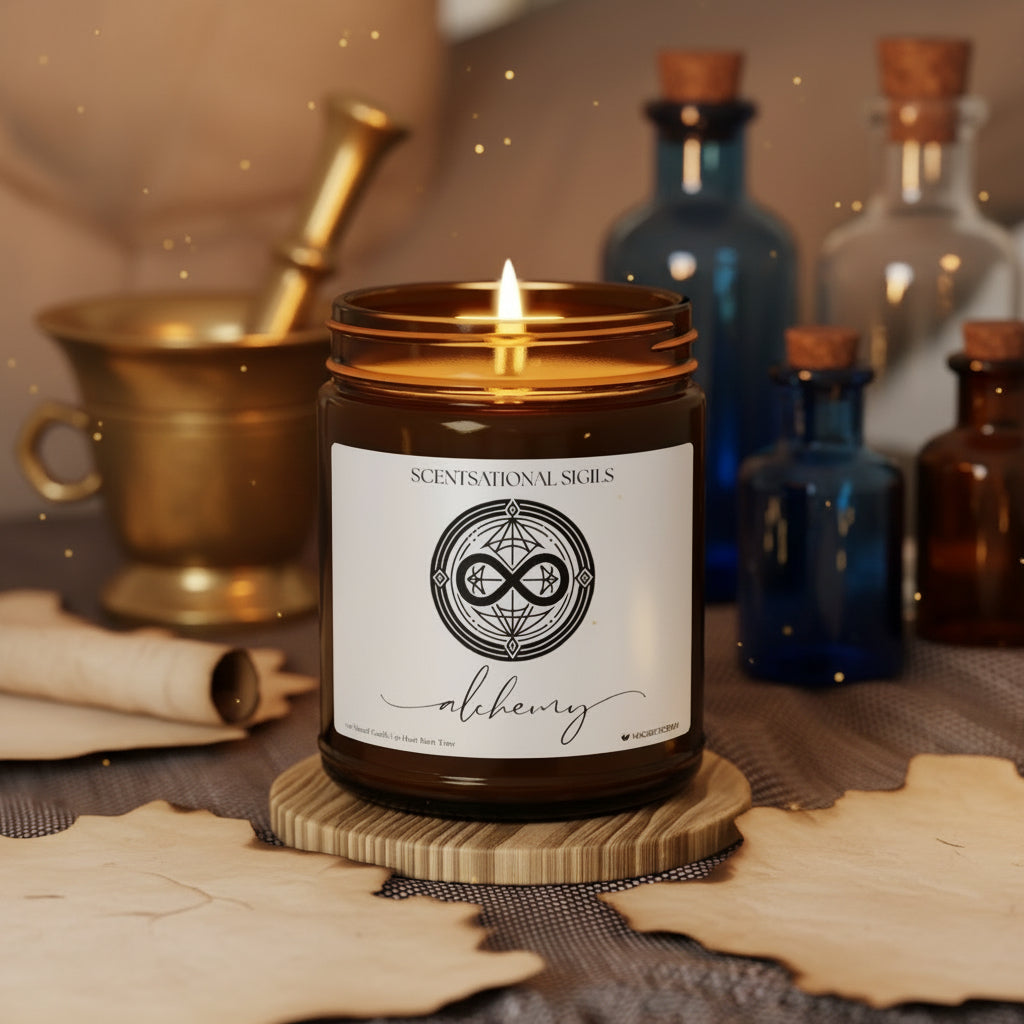 Amber glass intention candle featuring the Alchemy sigil symbol with ‘alchemy’ written in script underneath, displayed on an altar with sacred items