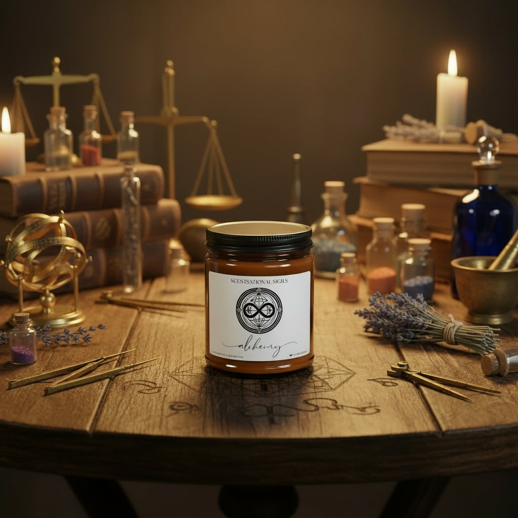 Amber glass intention candle featuring the Alchemy sigil symbol with ‘alchemy’ written in script underneath, displayed on an altar with sacred items