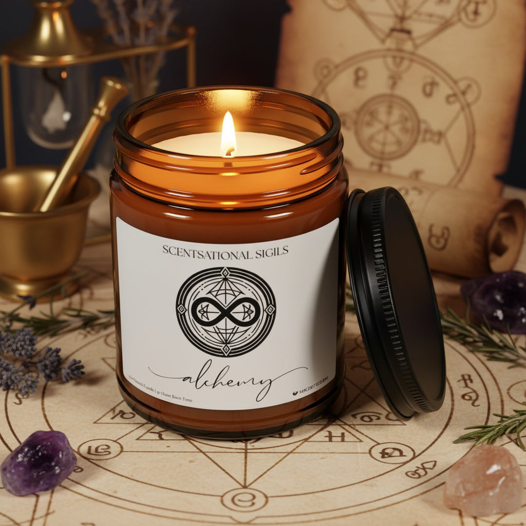 Amber glass intention candle featuring the Alchemy sigil symbol with ‘alchemy’ written in script underneath, displayed on an altar with sacred items