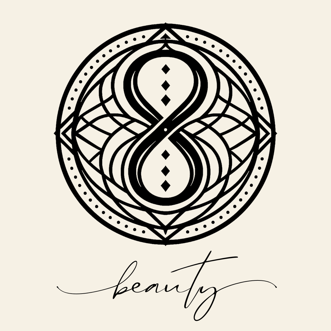 Close up on the main label image of Beauty sigil symbol with corresponding script underneath on neutral background
