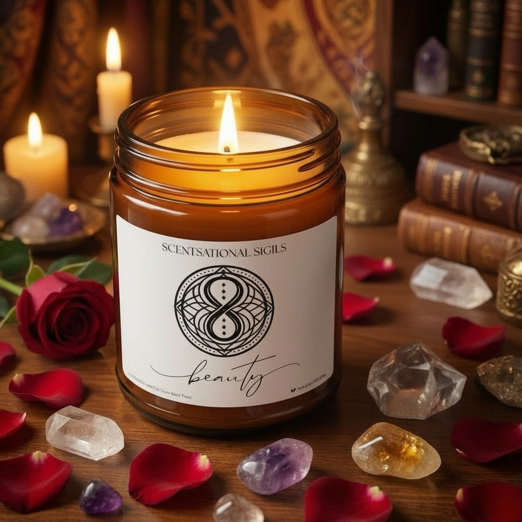 Amber glass intention candle featuring the Beauty sigil symbol with ‘beauty’ written in script underneath, displayed on an altar with sacred items
