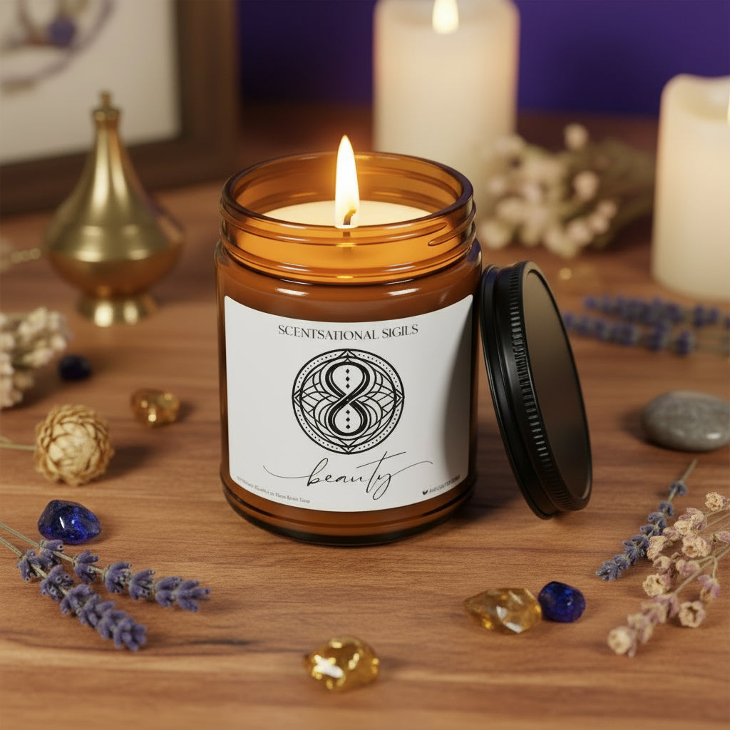 Amber glass intention candle featuring the Beauty sigil symbol with ‘beauty’ written in script underneath, displayed on an altar with sacred items