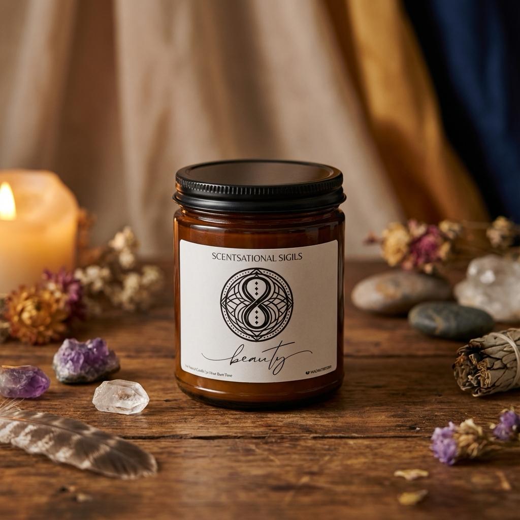 Amber glass intention candle featuring the Beauty sigil symbol with ‘beauty’ written in script underneath, displayed on an altar with sacred items