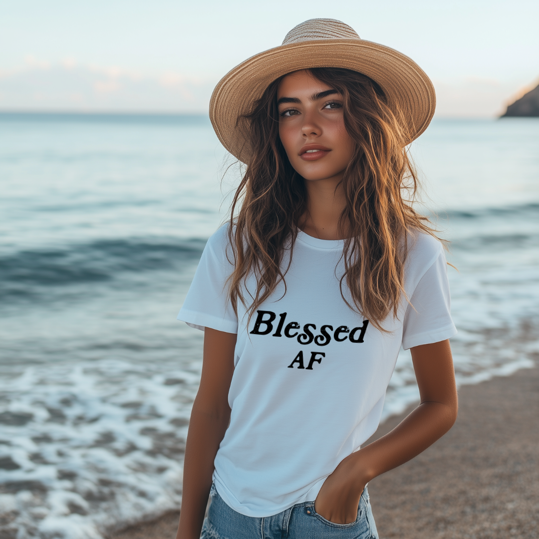 Model wearing a crew neck t-shirt with Blessed AF printed in block letters and centered on the chest.
Wear it, own it, live it.
