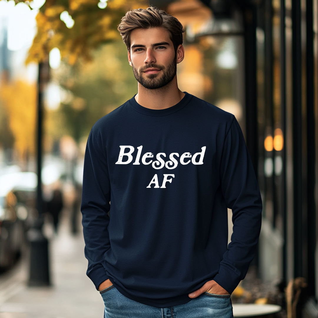 Model wearing a crew neck, long sleeve T-shirt with Blessed AF printed in block letters and centered on the chest.
Wear it, own it, live it.