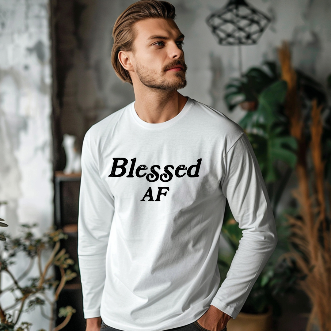 Model wearing a crew neck, long sleeve T-shirt with Blessed AF printed in block letters and centered on the chest.
Wear it, own it, live it.