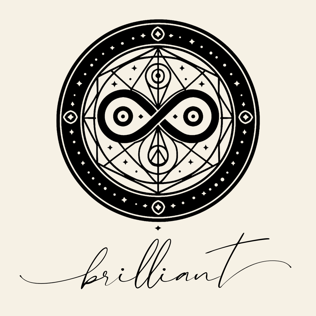 Close up on the main label image of Brilliant sigil symbol with corresponding script underneath on neutral background
