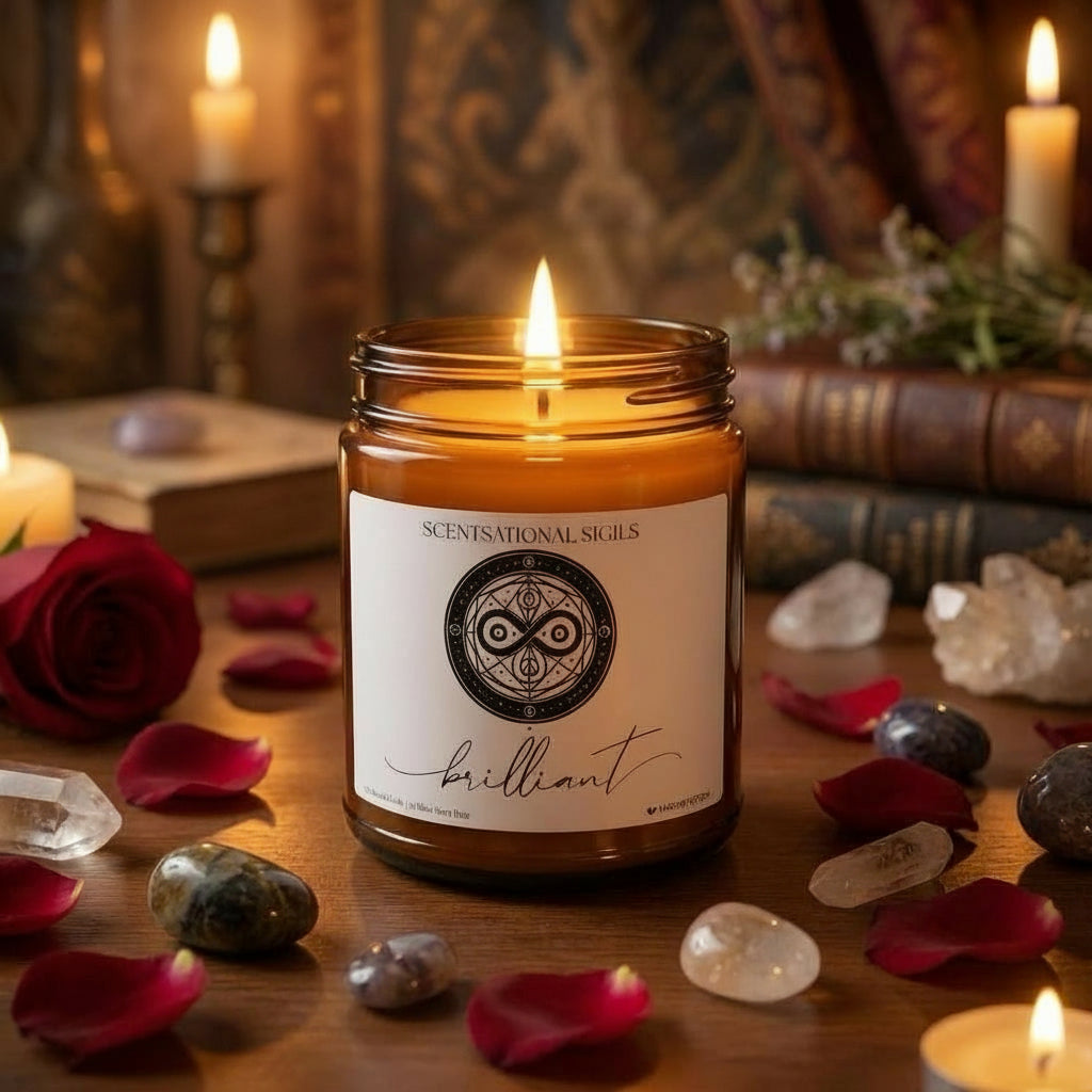 Amber glass intention candle featuring the Brilliant sigil symbol with ‘brilliant’ written in script underneath, displayed on an altar with sacred items