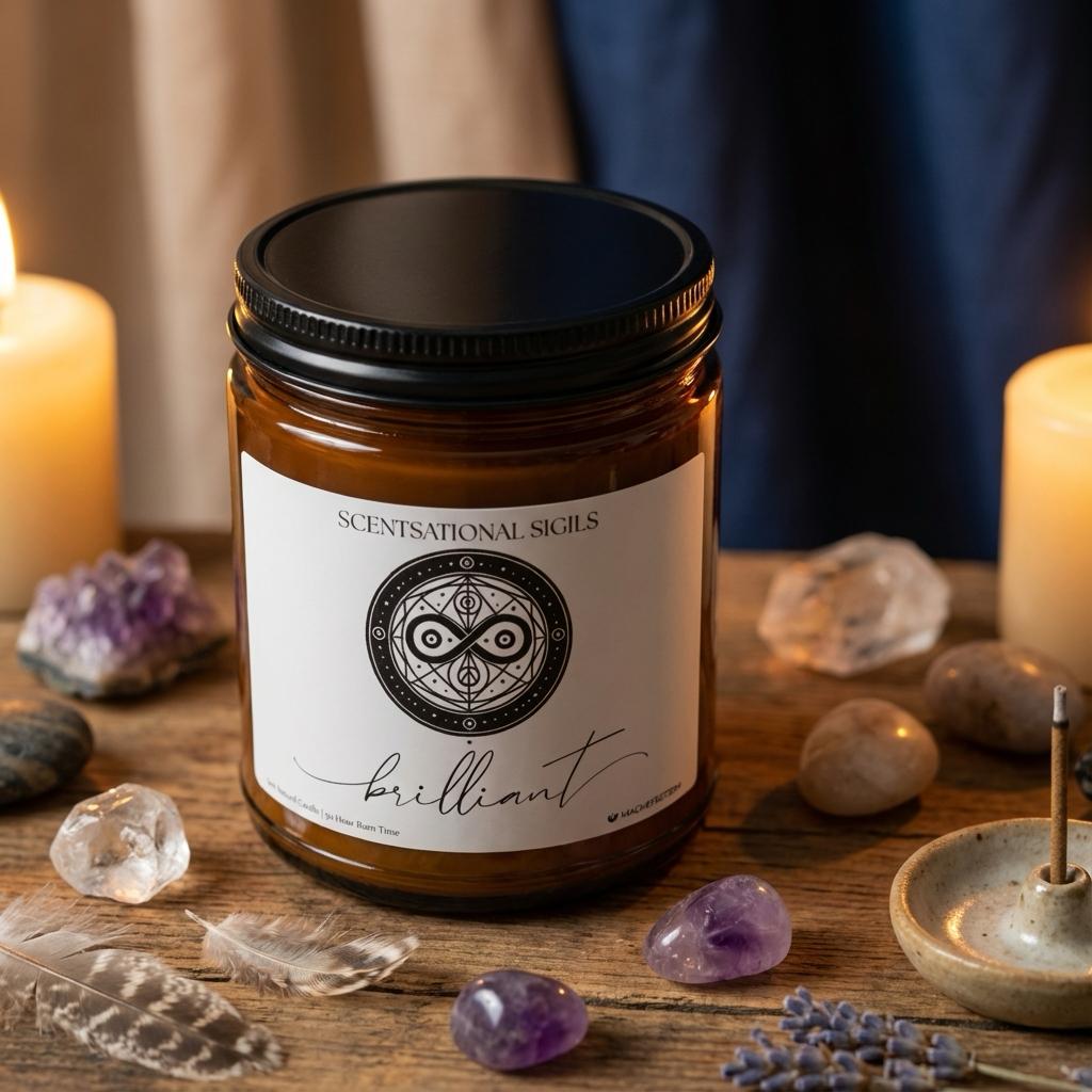 Amber glass intention candle featuring the Brilliant sigil symbol with ‘brilliant’ written in script underneath, displayed on an altar with sacred items