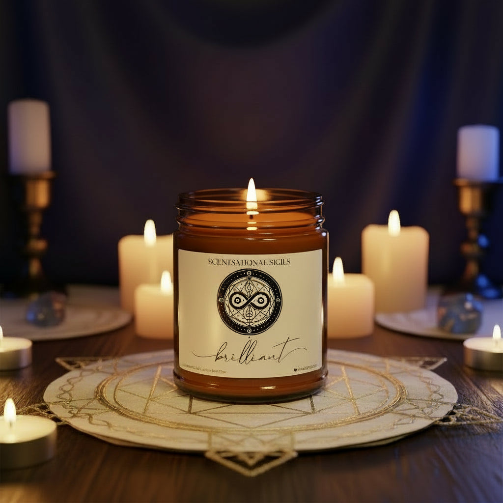 Amber glass intention candle featuring the Brilliant sigil symbol with ‘brilliant’ written in script underneath, displayed on an altar with sacred items 