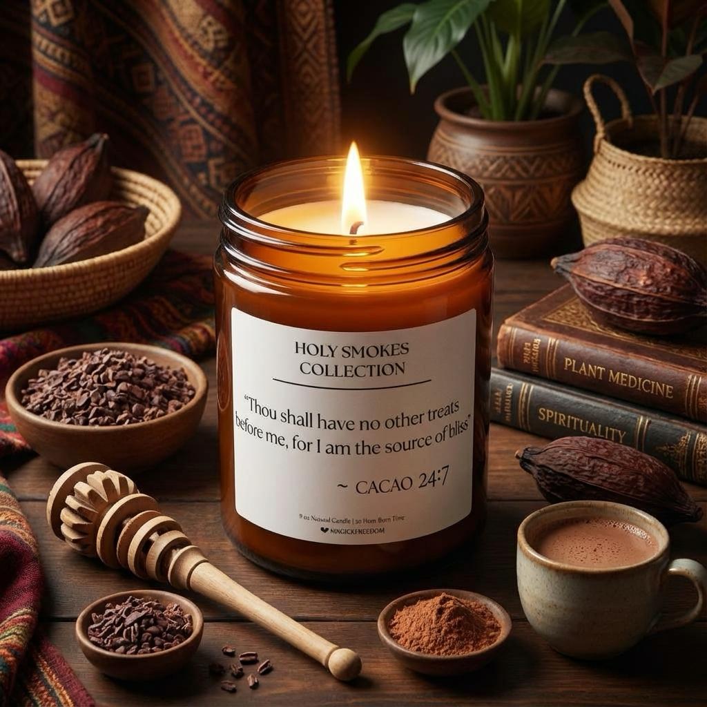 Holy Smokes Cacao candle displayed against a symbolic background inspired by the meaning of the verse.