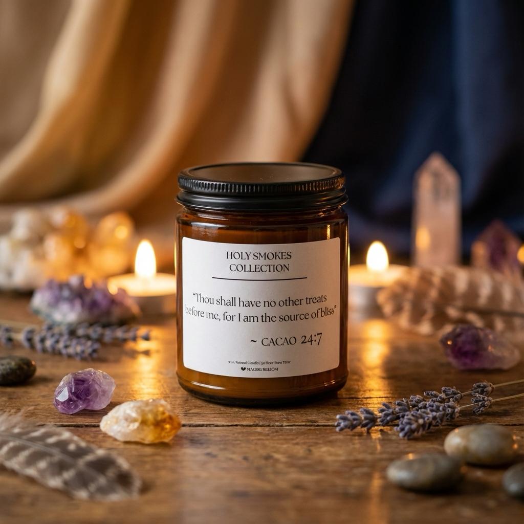 Holy Smokes Cacao candle arranged with altar items in a ritual-inspired setting.