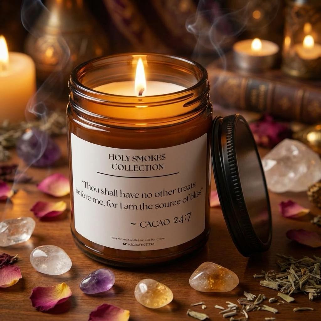 Holy Smokes Cacao candle arranged with altar items in a ritual-inspired setting. 