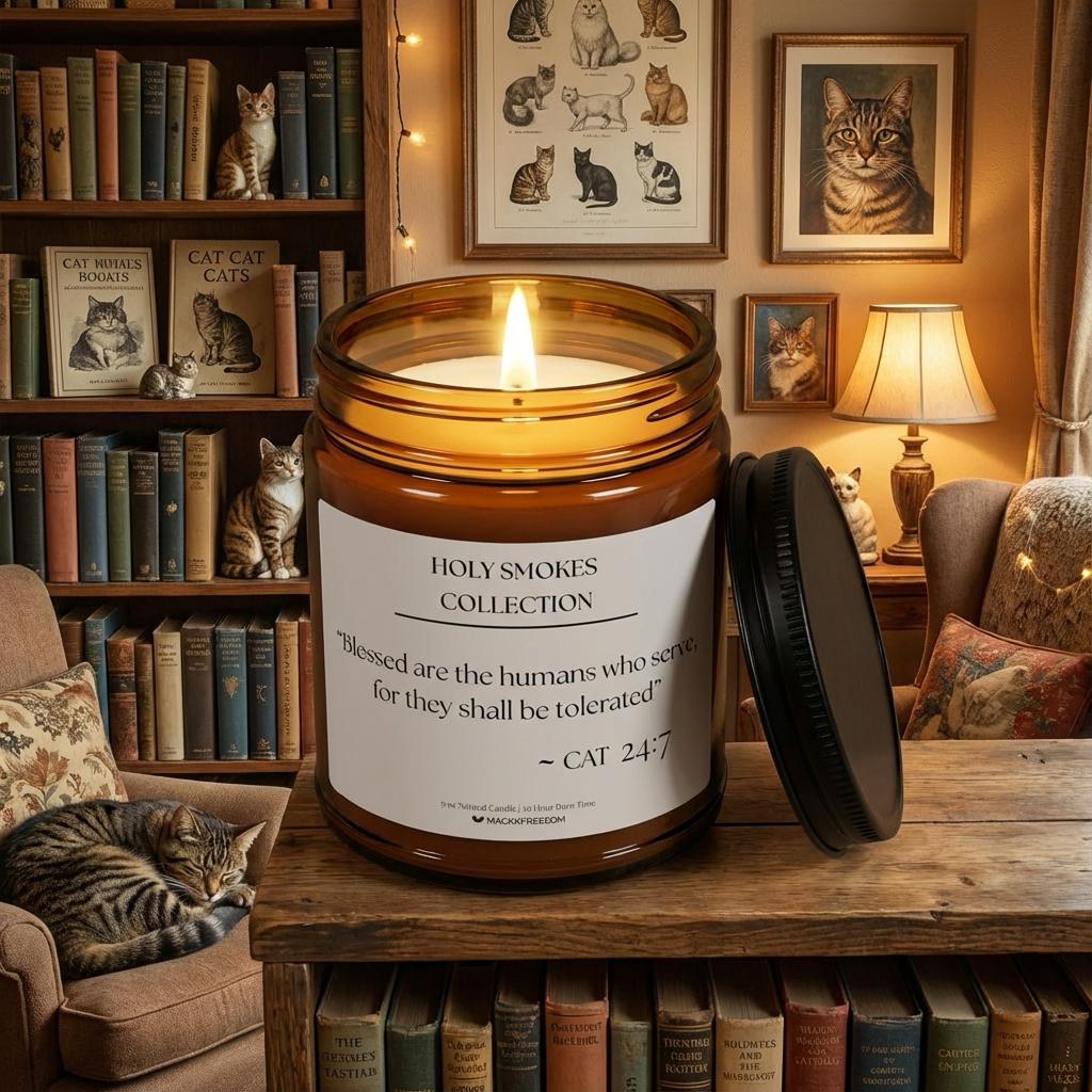 Holy Smokes <verse name> candle displayed against a symbolic background inspired by the meaning of the verse.