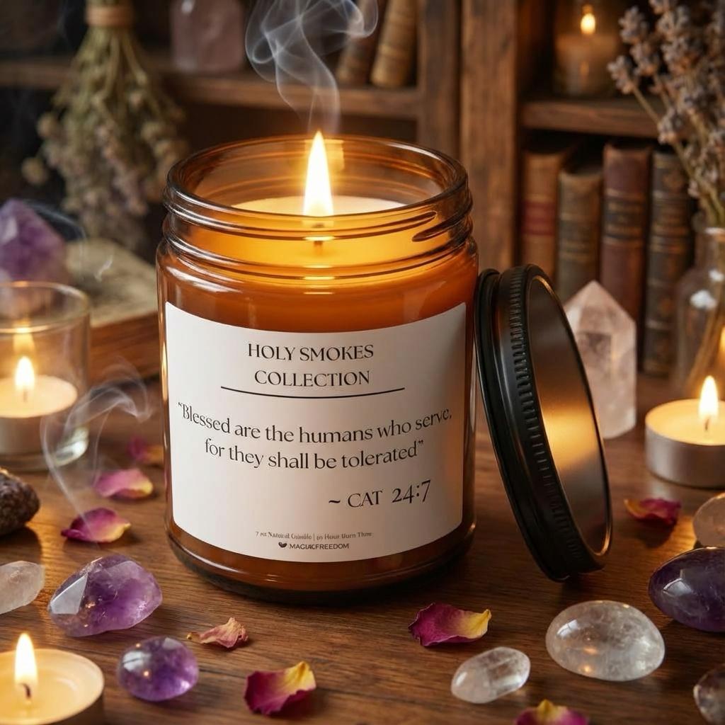 Holy Smokes Cat candle arranged with altar items in a ritual-inspired setting.