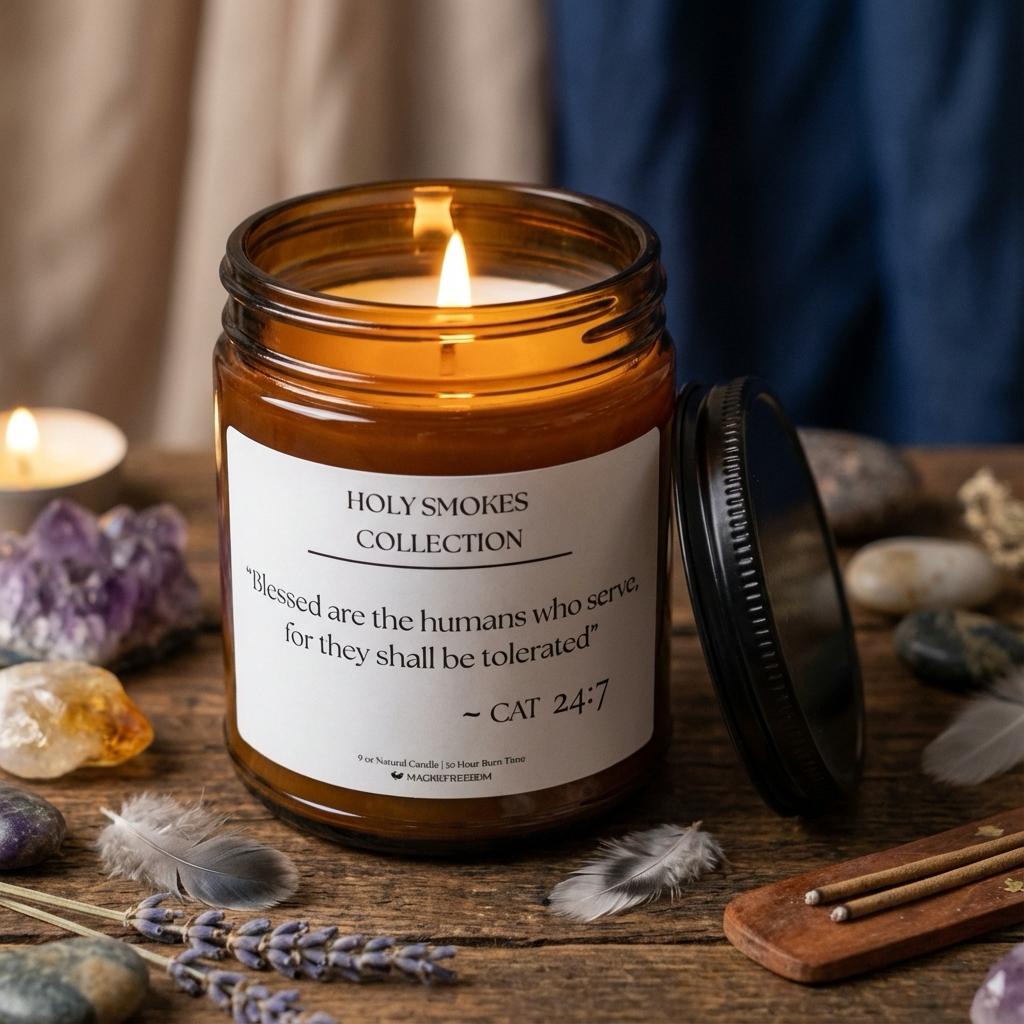 Holy Smokes Cat candle arranged with altar items in a ritual-inspired setting.