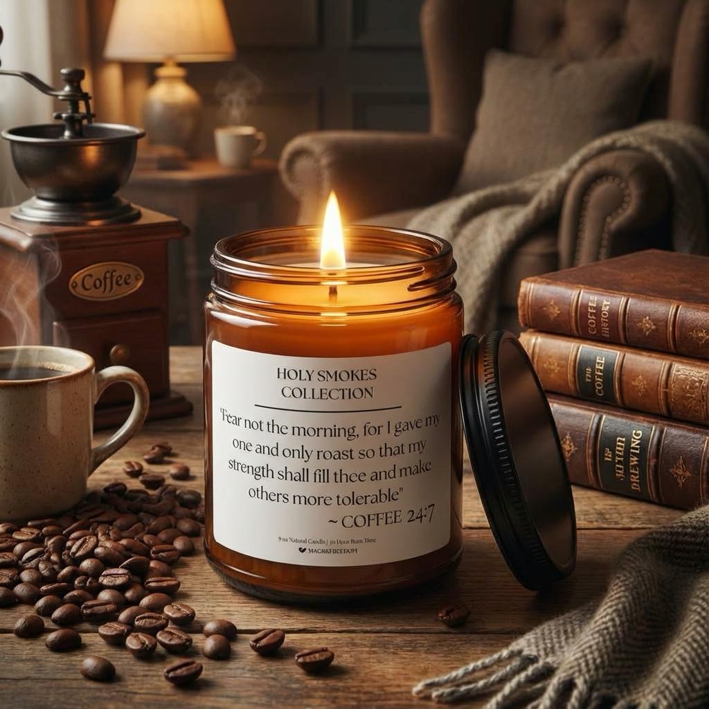 Holy Smokes Coffee candle displayed against a symbolic background inspired by the meaning of the verse.
