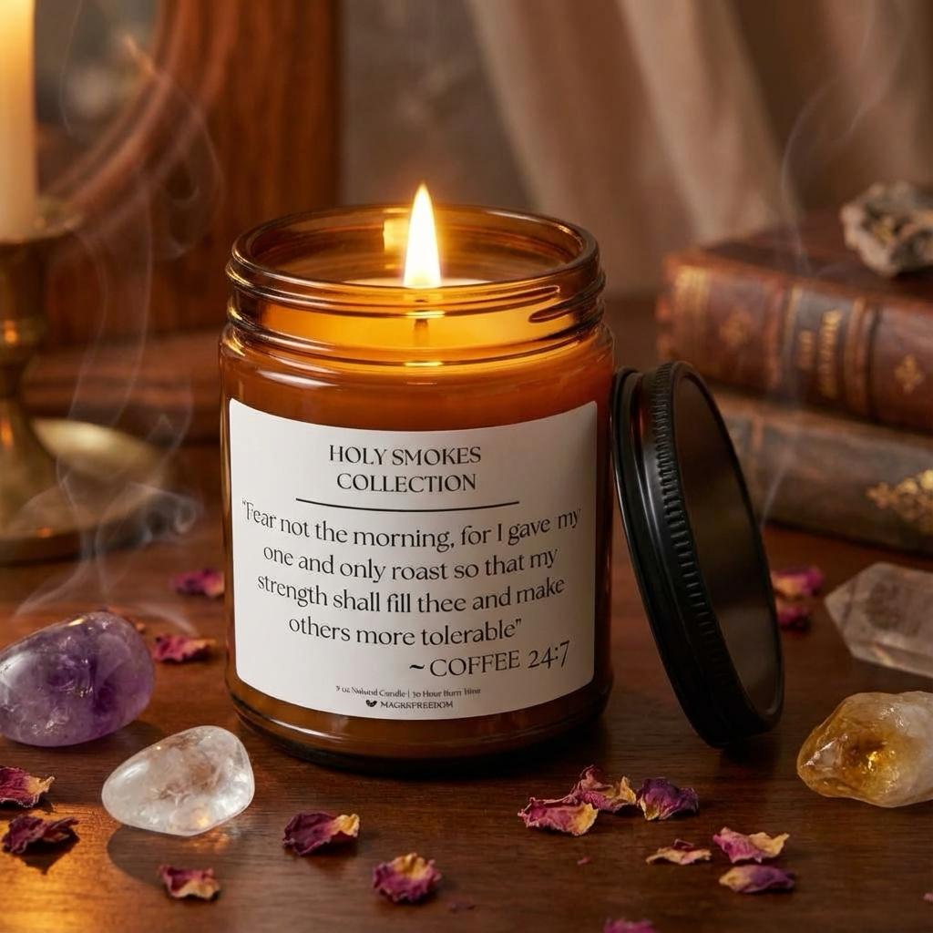 Holy Smokes Coffee candle arranged with altar items in a ritual-inspired setting.
