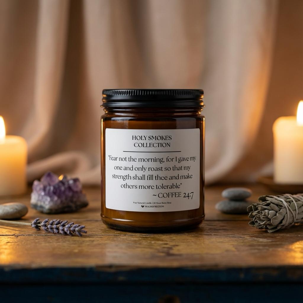 Holy Smokes Coffee candle arranged with altar items in a ritual-inspired setting.
