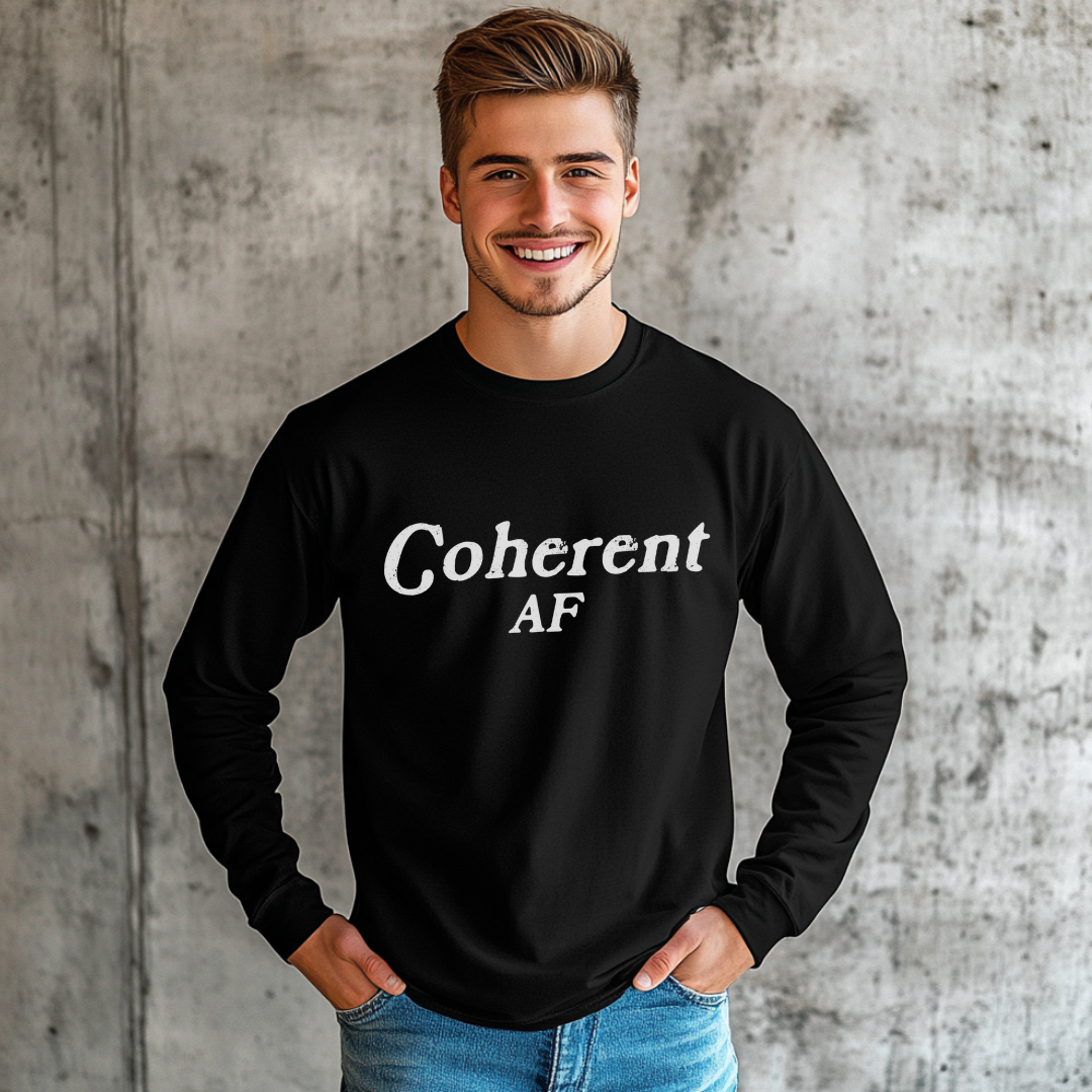 Model wearing a crew neck, long sleeve T-shirt with Coherent AF printed in block letters and centered on the chest.
Wear it, own it, live it.