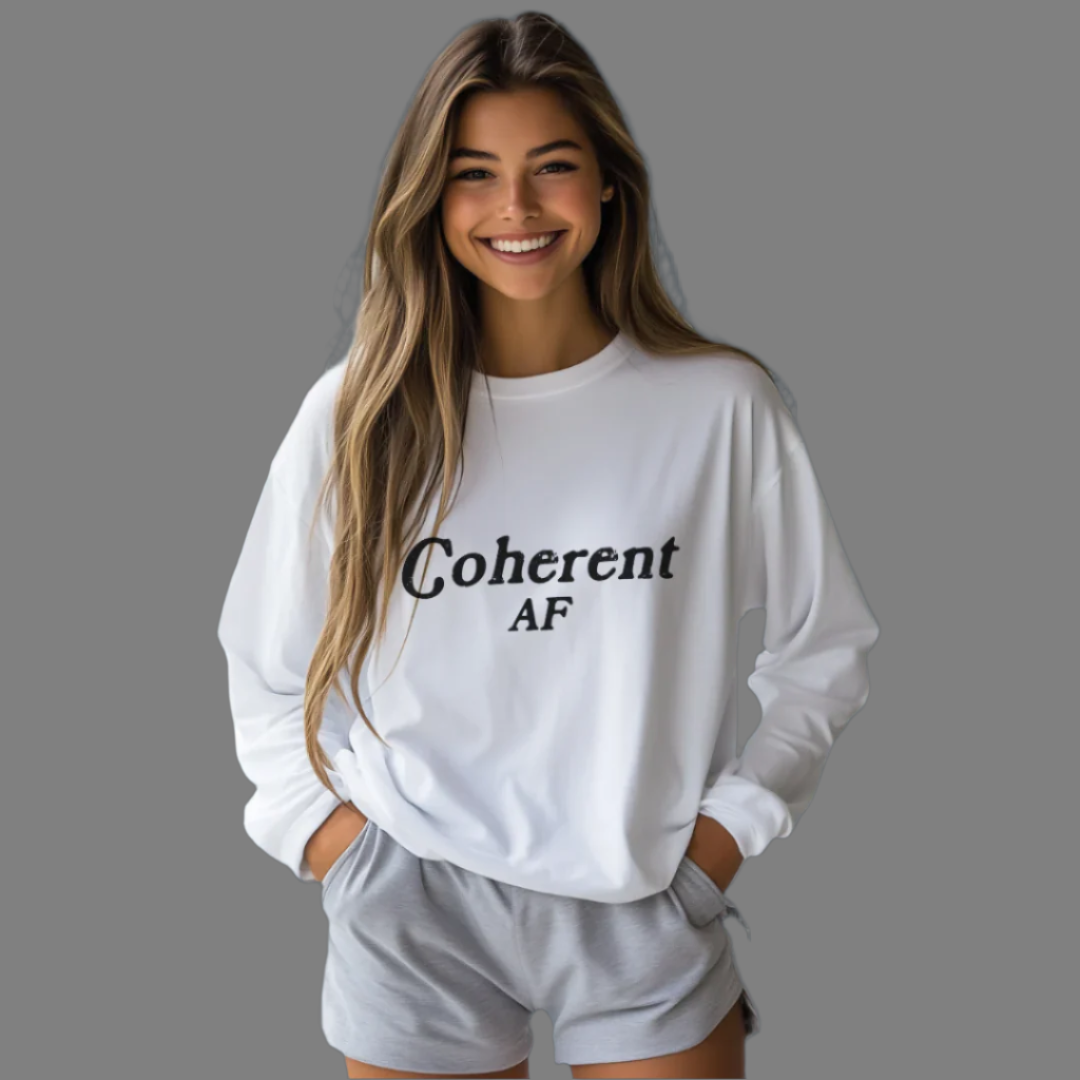 Model wearing a crew neck, long sleeve T-shirt with Coherent AF printed in block letters and centered on the chest.
Wear it, own it, live it.