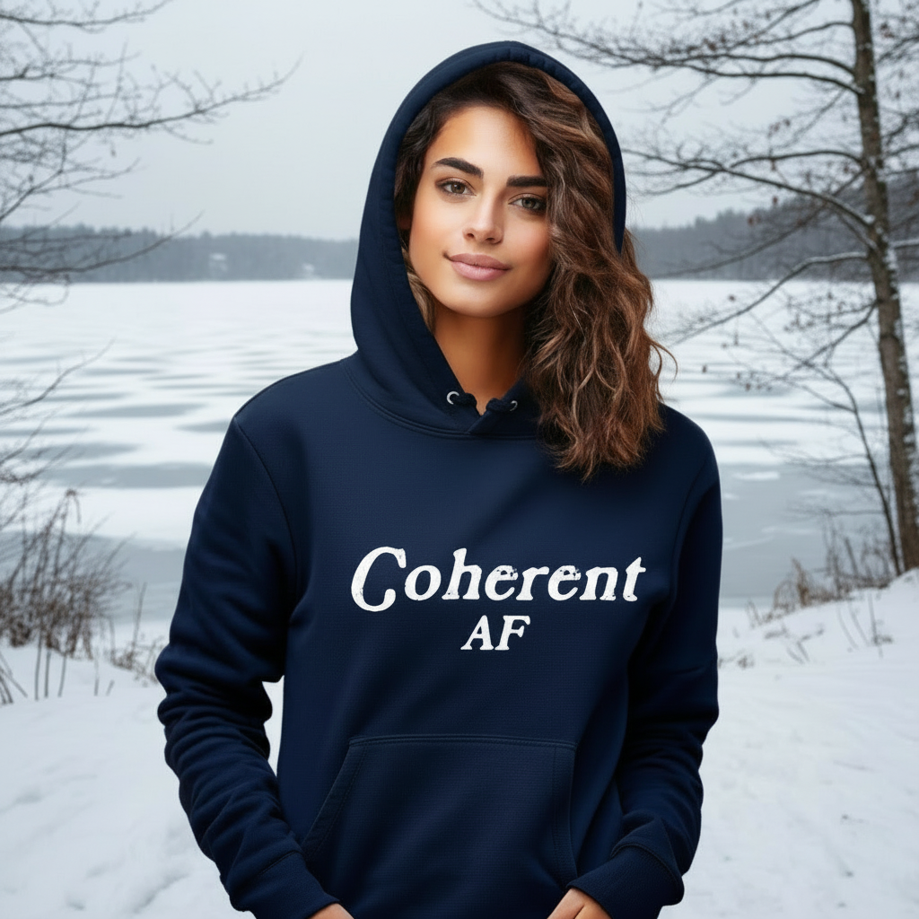 Model wearing a hoodie with Coherent AF printed in block letters and centered on the chest.
Wear it, own it, live it