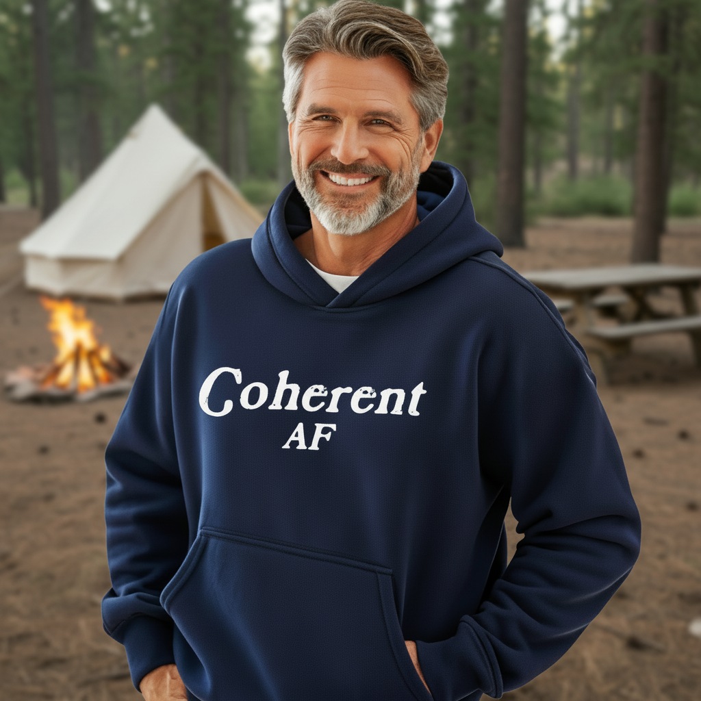 Model wearing a hoodie with Coherent AF printed in block letters and centered on the chest.
Wear it, own it, live it