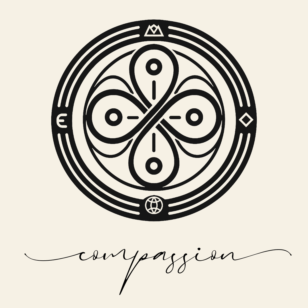 Close up on the main label image of Compassion sigil symbol with corresponding script underneath on neutral background