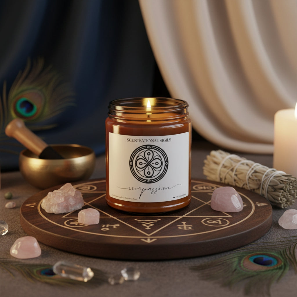 Amber glass intention candle featuring the Compassion sigil symbol with ‘compassion’ written in script underneath, displayed on an altar with sacred items