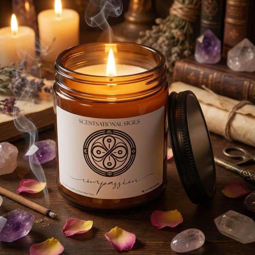Amber glass intention candle featuring the Compassion sigil symbol with ‘compassion’ written in script underneath, displayed on an altar with sacred items