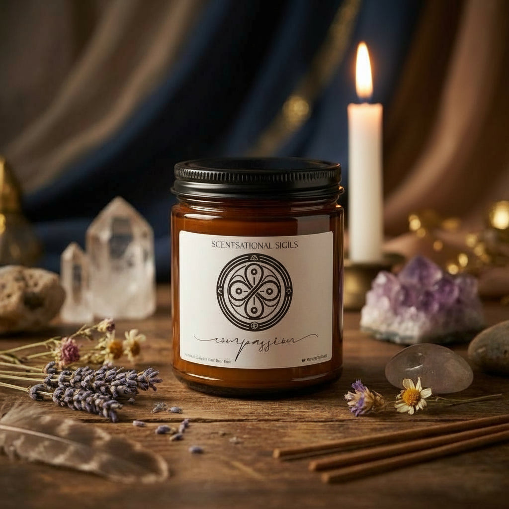 Amber glass intention candle featuring the Compassion sigil symbol with ‘compassion’ written in script underneath, displayed on an altar with sacred items