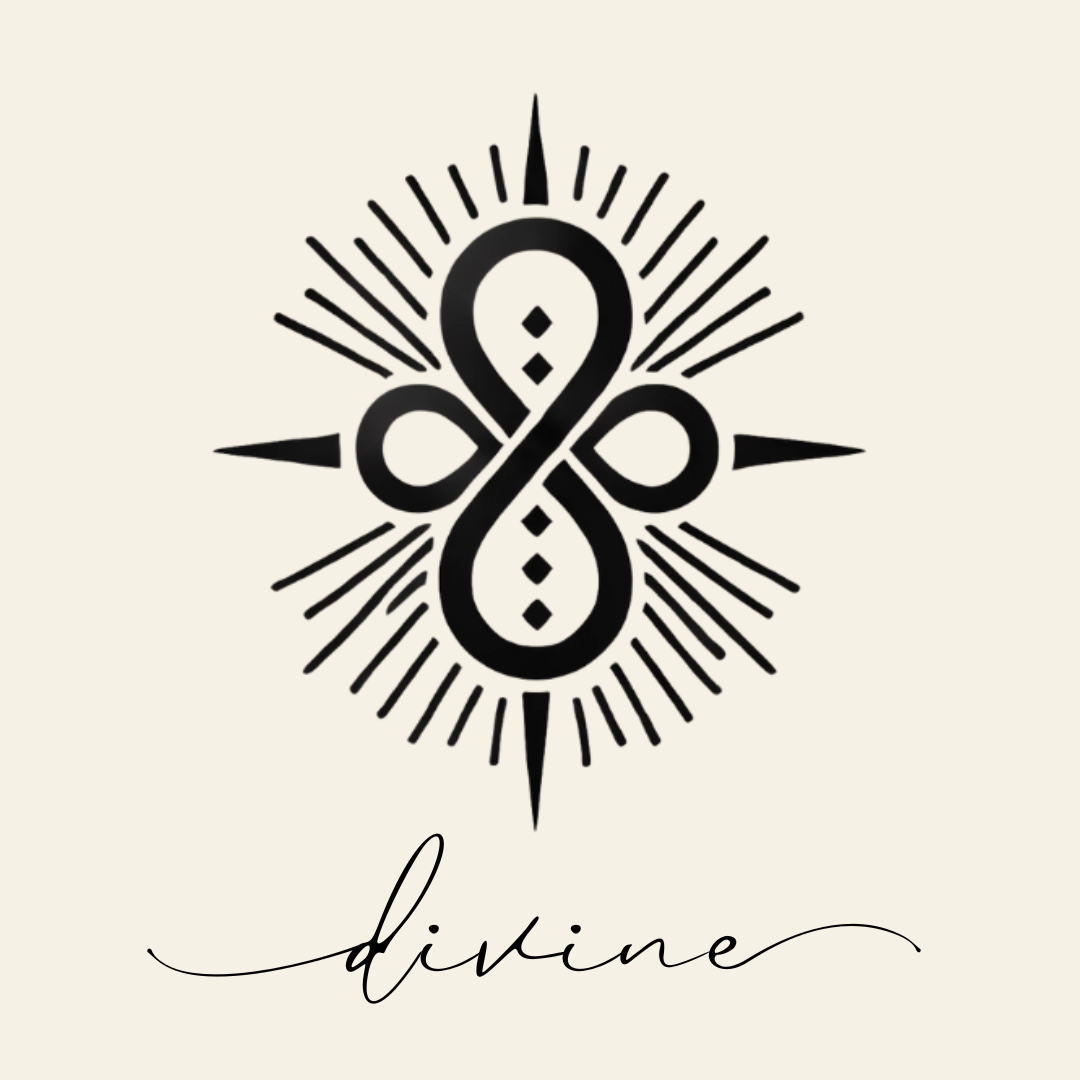 Close up on the main label image of Divine sigil symbol with corresponding script underneath on neutral background